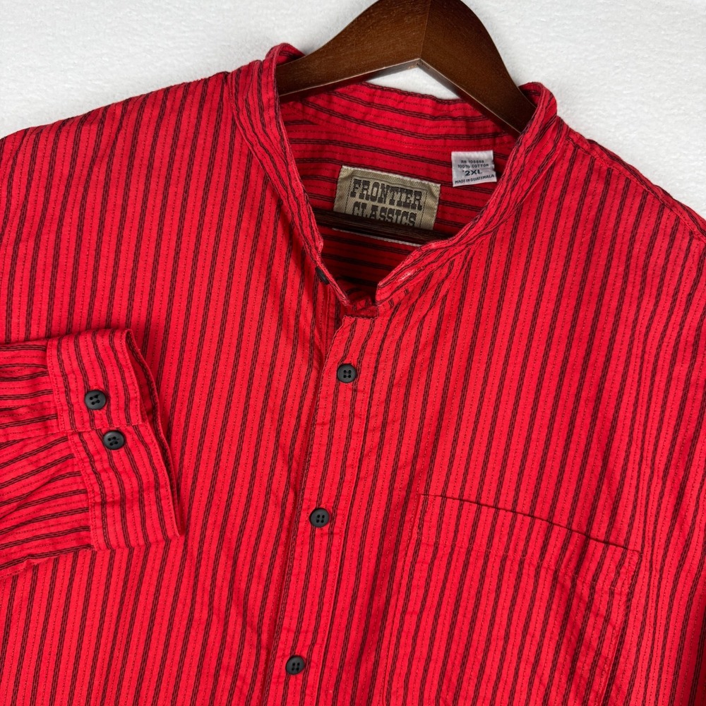 Vtg 90s Frontier Classics Button Up Mens 2XL Red Striped Band Collar L/S Western